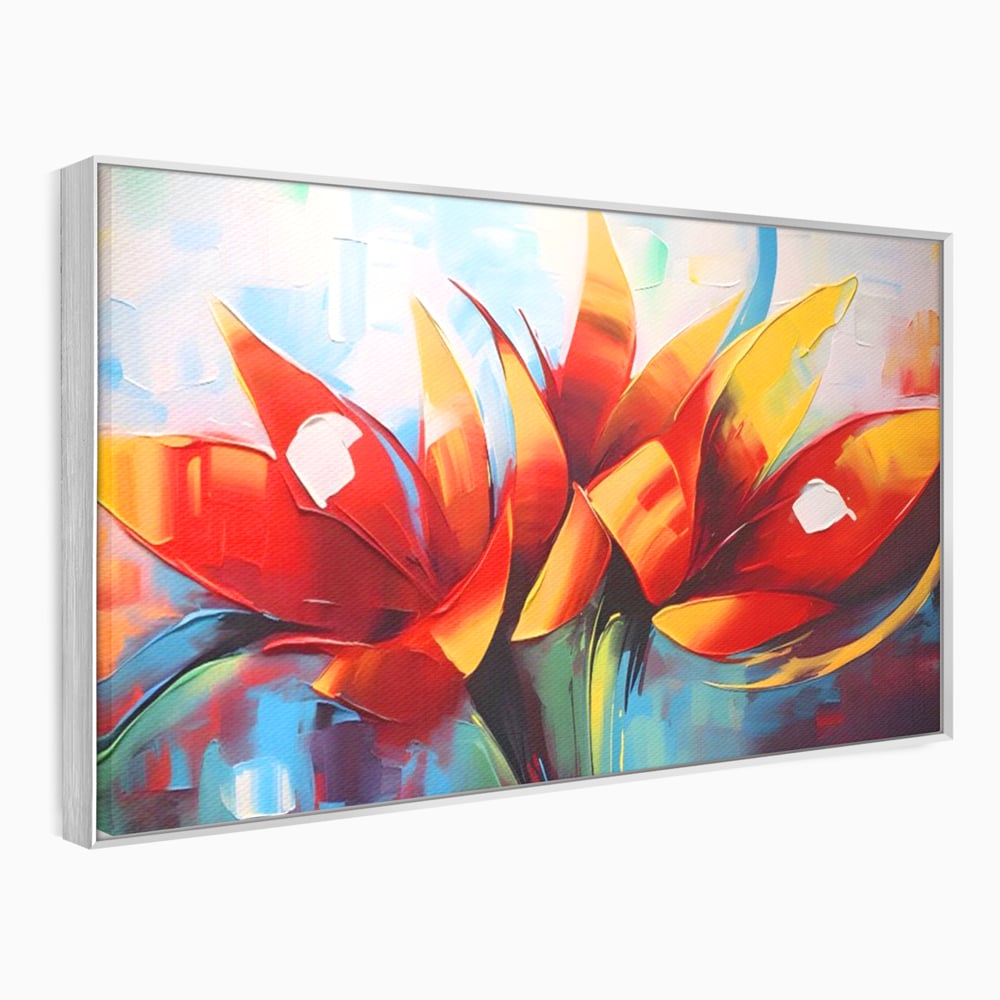 Tablou canvas cu pictura abstracta cu flori portocalii, in rama de aluminiu argintiu